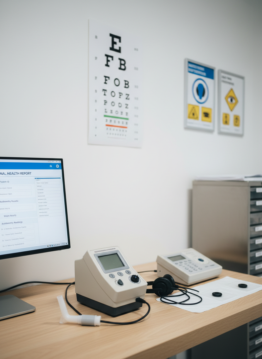 A pristine occupational health assessment workstation featuring a calibrated spirometer, a digital audiometer with neatly coiled cables, and a high-precision vision testing chart mounted on a cool white wall. The devices rest on a smooth, light-wood counter beside a slim computer monitor displaying a structured occupational health report interface. Soft, even overhead clinical lighting casts minimal shadows, highlighting the clean surfaces and structured layout. Shot from a slightly elevated angle with photographic realism, the composition showcases the equipment in the foreground and a blurred, orderly storage cabinet and safety posters in the background, creating a calm, professional mood that conveys accuracy, compliance, and modern medical practice.