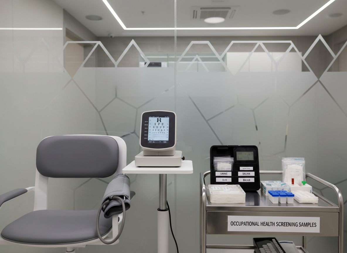 A dedicated testing area for occupational health screening, showcasing a silent automatic blood pressure monitor encircling a cushioned armrest, a calibrated vision testing device on a compact stand, and a labeled sample collection kit neatly arranged on a stainless steel trolley. The background shows a frosted glass partition with subtle geometric patterns, separating this zone from the rest of the clinic while maintaining privacy. Neutral white overhead lighting provides clear, shadow-free illumination across metal, plastic, and fabric textures. Photographic realism with moderate depth of field keeps all equipment sharply in focus, while the partition and distant cabinetry soften slightly. The scene communicates precision, safety, and a structured workflow essential for workplace medical evaluations.