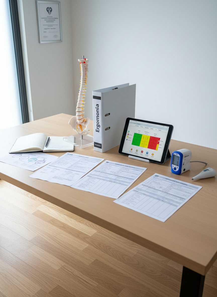 A bright, organized consultation table dedicated to workplace risk assessment, featuring printed hazard evaluation forms, a tablet displaying a color-coded risk matrix, and a neatly placed digital pulse oximeter and infrared thermometer. A slim binder labeled “Ergonomía” sits beside a small, transparent model of a spine, highlighting occupational health focus without depicting people. The table stands on a light oak floor, with a matte white wall in the background displaying a simple, framed certificate of occupational medicine accreditation. Soft, cool daylight from the side creates gentle contrast and subtle reflections on the tablet screen. Captured from a three-quarter angle with photographic realism, the composition accentuates methodical organization, analytical thinking, and preventive care.