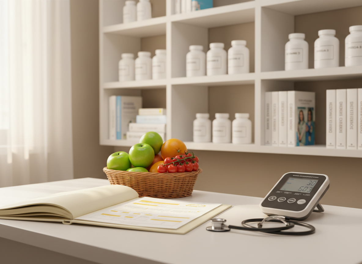A clean, well-organized nutrition counseling desk within a medical clinic, featuring a neatly opened patient folder, a stethoscope coiled beside a digital body composition analyzer, and a basket of fresh, vividly colored fruits like green apples, oranges, and cherry tomatoes. Behind the desk, white shelving holds clearly labeled containers for nutritional supplements and reference guides, all aligned in precise rows. Gentle natural daylight from an unseen window combines with soft warm overhead lighting, creating a balanced, inviting glow. Photographic realism with a shallow depth of field keeps the desk in crisp focus while softly blurring the shelves. The overall mood is professional yet approachable, emphasizing evidence-based nutrition care integrated into a clinical environment.