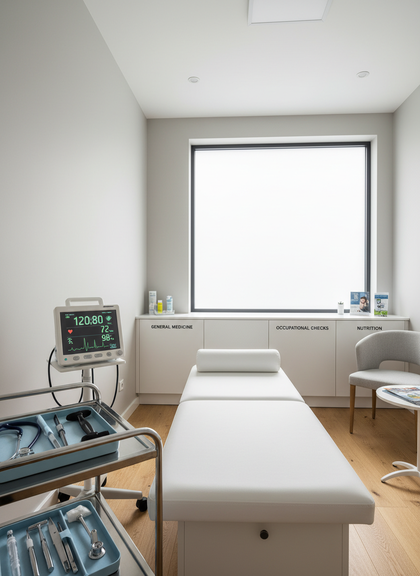 A modern medical consultation room designed for occupational health, with a sleek white examination table, stainless steel instruments meticulously arranged on a soft blue tray, and a digital vital-signs monitor displaying calm, normal readings. The space is framed by light gray walls, a large window with frosted glass, and minimalist cabinets labeled for general medicine, occupational checks, and nutrition. Soft, diffused daylight fills the room, creating gentle shadows and a professional, reassuring atmosphere. Captured at eye level with photographic realism, the composition uses the rule of thirds, keeping the exam table in the foreground and the organized workspace in the background, all in sharp focus to emphasize cleanliness, precision, and trust.