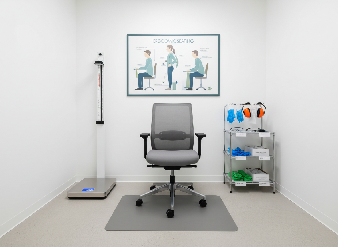 A dedicated occupational exam corner featuring an ergonomic adjustable office chair positioned on a subtle gray floor mat, next to a height-measuring stadiometer and a digital scale with a clear blue display. On the wall, a clean, framed infographic outlines correct workplace posture, rendered in neutral blues and greens without human figures. The background includes an organized rack of labeled personal protective equipment such as gloves, safety glasses, and earmuffs. Bright but diffused clinic lighting illuminates every surface evenly, minimizing harsh shadows. Captured at a slightly wide, eye-level angle with photographic realism, the composition highlights the exam area as the focal point, conveying a precise, preventive, and safety-focused atmosphere aligned with occupational medicine.